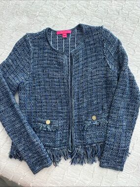 Lilly Pulitzer Blue Tweed Fringe Sweater with Gold Buttons